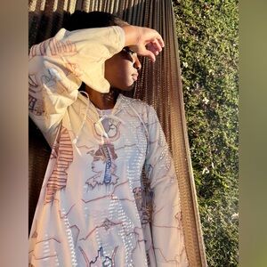 Vtg Egyptian Pharaoh Kaftan Hooded Lounge Maxi Dress M Novelty Print Boho Beach